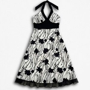Speechless Y2K Floral Halter Midi Dress‎ Black White Mesh Trim Medium